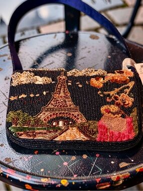 Embellished Beaded Black Evening Shoulder Bag with Pink Accent